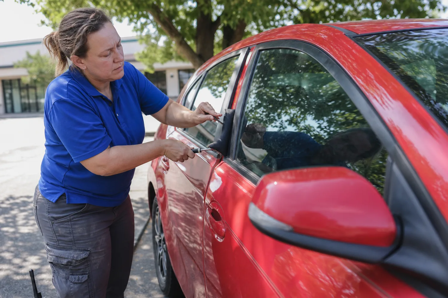 Technician opening a car door in Denton